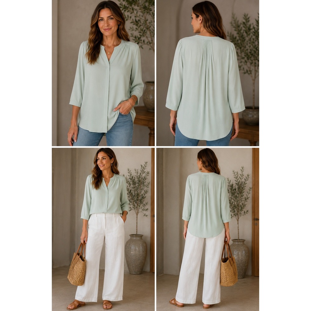 NYDJ Scandi Coastal Chic Sage Green Top Large Capsule Quiet Luxury Clean Girl